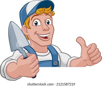 Construction Site Handyman Builder Man Holding A Trowel Tool Cartoon Mascot. Peeking Over A Sign And Giving A Thumbs Up