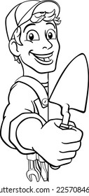 Construcción de un hombre que construye una caricatura con una herramienta de trowel. Buscando alrededor de un cartel