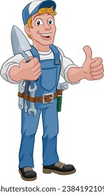 Construcción de un hombre que construye una caricatura con una herramienta de trowel. Subiendo los pulgares