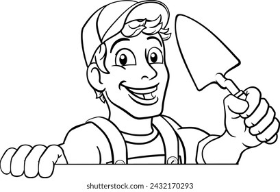 Construction site handyman builder man holding a trowel tool cartoon mascot. Peeking over a sign