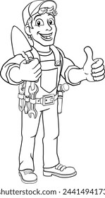 Construction site handyman builder man holding a trowel tool cartoon mascot. Giving a thumbs up