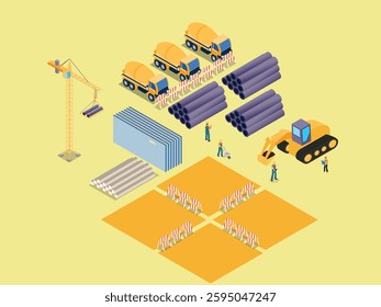 Construction Site with Heavy Machinery, Building Materials, and Workers 3d flat vector illustrations