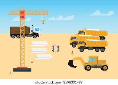 Construction Site with Heavy Machinery and Workers - Industrial Development 2d flat vector illustrations