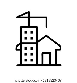 Construction Site Icon with Building Crane, House Development and Worksite Outline Vector