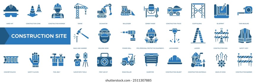 Icono de Sitio de Construcción. Sombrero duro, cono de construcción, trabajador de construcción, grúa y excavadora