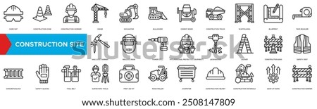 Construction Site icon. Hard Hat, Construction Cone, Construction Worker, Crane and Excavator