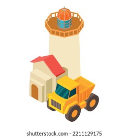 Construction Site Icon Isometric Vector. Industrial Dumper Near Lighthouse Icon. Building, Repair, Reconstruction