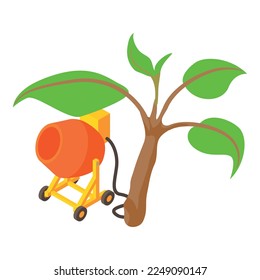 Construction site icon isometric vector. Manual concrete mixer, green tree branch. Eco construction