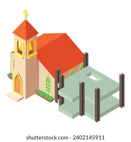 Vector isométrico del icono del sitio de construcción. Nuevo marco de construcción y iglesia cristiana. Concepto de construcción, obra de construcción