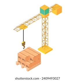 Construction site icon isometric vector. Big construction crane near wood pallet. Building and reconstruction work