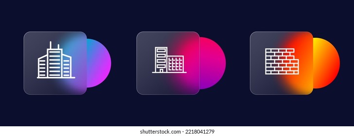 Iconos del sitio de construcción establecidos. Casa, construcción, trabajo, negocios, fábrica, pared, ladrillo, alto edificio. Concepto de construcción. Estilo de glasmorfismo. Icono de línea de vector para negocios.