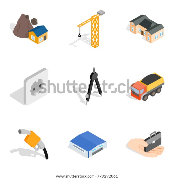 Construction site\
icons set. Isometric set of 9 construction site vector icons for\
web isolated on white\
background