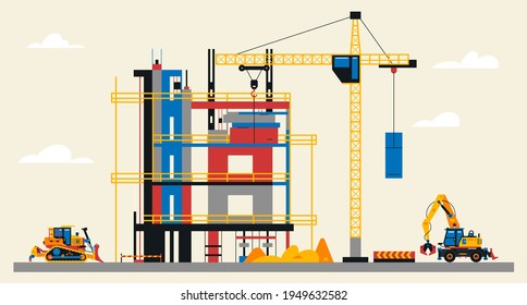 Construction site illustration. Building under construction. Heavy machinery work on site, excavator and bulldozer, large crane, unfinished building. Vector illustration, flat design.