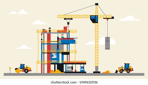 Ilustración del sitio de construcción. Edificio en construcción. Maquinaria pesada en el lugar, pavimento asfalto y excavadora, tractor, grúa grande, construcción inconclusa. Ilustración vectorial, diseño plano.