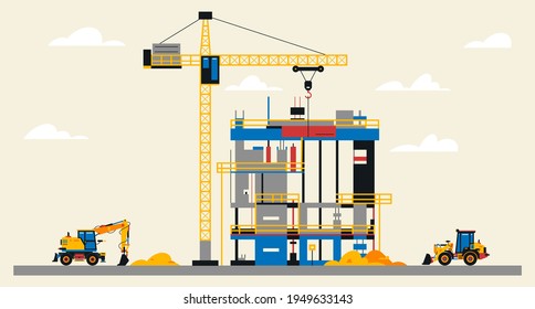 Construction site illustration. Building under construction. Heavy machinery work on site, excavator and tractor, large crane, unfinished building. Vector illustration, flat design.