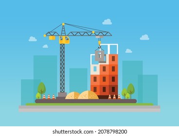 Construction site illustration. Building under construction. Vector illustration