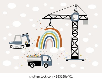 Lugar de construcción. Ilustración de la grúa levantando el arco iris