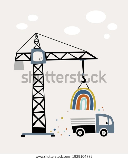 Construction site. Illustration of the crane,\
truck and rainbow