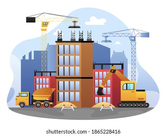 Construction Site Illustration, A Giant Building in the Process. This illustration can be use for website, landing page, web, app, and banner.