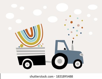 Construction site. Illustration of the tractor carrying a rainbow
