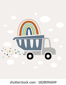 Construction site. Illustration of the truck with rainbow