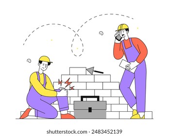 Construction site injury. Men in uniforms and safety helmets building brick wall. Workers and builders did not follow safety precautions. Guy with trauma. Linear flat vector illustration