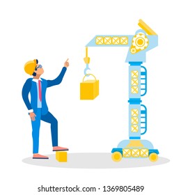 Construction Site Inspector Vector Illustration. Architect, Foreman in Hardhat Giving Orders Cartoon Character. Industrial, Lifting Crane, Heavy Machinery, Equipment. Building Business, Industry