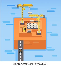 construction site isometric flat - building a house - vector flat illustration. Construction isometric banners set with construction site symbols isolated vector illustration