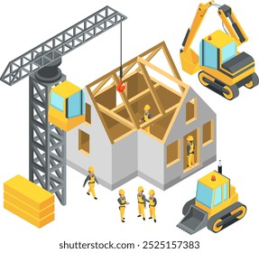 Construction site in isometric style. Engineers and heavy machines building house