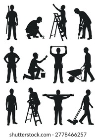 Construction site laborer group collection in black silhouette, building, renovation, maintenance, repair, and labor