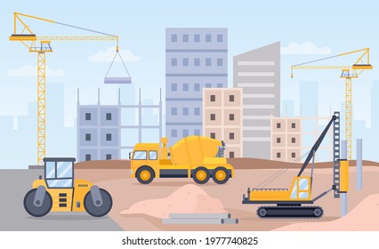 Construction site. Landscape of building process with crane, bulldozer, excavator and concrete mixer machine. City build flat vector concept. Construction industry, development building illustration