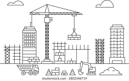 Construction Site Line Art Illustration Building Crane Vector Design