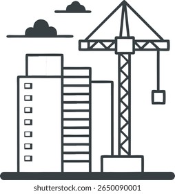 "Construction Site Line Art: Tower Crane Lifting Block Beside Building Under Construction with Clouds - Urban Development, Architecture, and Industrial Project Illustration"