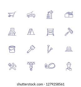 Construction site line icon set. Cart, crane, saw, worker. Construction concept. Can be used for topics like real estate, contractor tools, building works