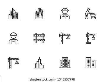 Construction Site Line Icon Set. Building, Worker In Helmet, Crane. Construction Concept. Can Be Used For Topics Like Real Estate Development, Work, Housebuilding, Property