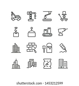 Construction site line icon set. Crane, drill, painting, brick work. Construction concept. Can be used for topics like building works, heavy machines, real estate development