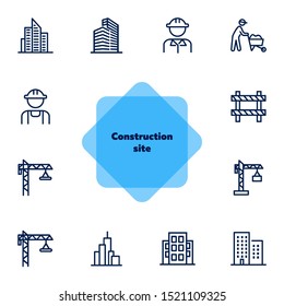 Construction site line icon set. Building, worker in helmet, crane. Construction concept. Can be used for topics like real estate development, work, housebuilding, property