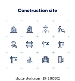 Construction site line icon set. Building, worker in helmet, crane. Construction concept. Can be used for topics like real estate development, work, housebuilding, property
