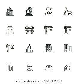 Construction site line icon set. Building, worker in helmet, crane. Construction concept. Can be used for topics like real estate development, work, housebuilding, property