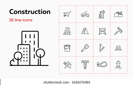 Construction site line icon set. Cart, crane, saw, worker. Construction concept. Can be used for topics like real estate, contractor tools, building works