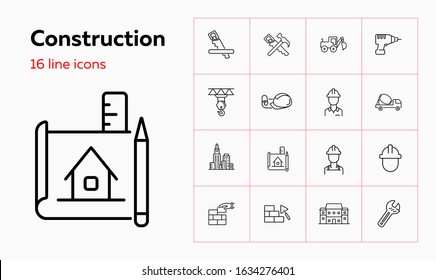 Construction Site Line Icon Set. Architect, Blueprint, Concrete Mixer, Brickwork. Construction Concept. Can Be Used For Topics Like Real Estate, Engineering, Architecture, Building Works