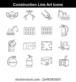  Construction Site Line Icons on white background 