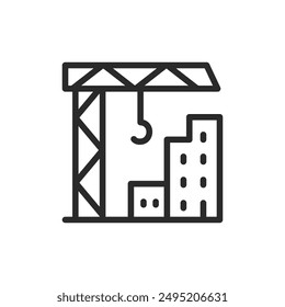 Baustelle, lineares Stilsymbol. Kran und Baustruktur. Baustelle. Bearbeitbare Strichbreite.