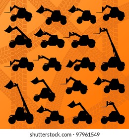 Construction site loaders machinery detailed editable silhouettes illustration collection background vector