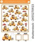 Construction site logic game with right and left concept for kid. I spy searching, counting activity with forklift car. Industrial vehicle printable space orientation worksheet for preschool children