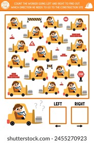 Juego de lógica de sitio de construcción con concepto de derecha e izquierda para niño. Espío buscando, contando la actividad con el coche montacargas. Hoja de trabajo de Orientación de espacio imprimible de vehículo de Industrial para niños preescolares