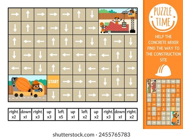 Laberinto lógico de obra para niños con hormigón mezclador. Trabajos de construcción actividad imprimible preescolar. Laberinto juego o rompecabezas con izquierda, derecha, arriba, abajo concepto. Encuentra la ruta para un vehículo especial
