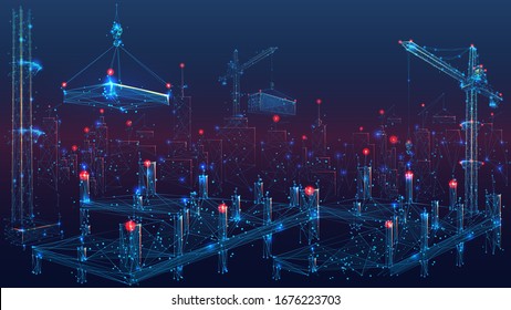 A Construction Site with Lots of Tower Cranes. Low Poly wireframe digital vector illustration. Polygons, lines, particles  and connected dots. Horizontal banner template. 