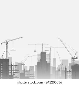 A Construction Site with Lots of Tower Cranes. Vector EPS 10