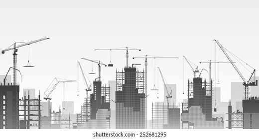 A Construction Site with Lots of Tower Cranes. Vector EPS 10